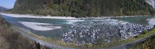 Block-ramp on the Rhine near Sargans, built to help restore shingle, rock, stone, bed, river, bank, valley, island, rhein, regulation, mountains, shingle, alpine, blocks, alps, ramp, europe, water